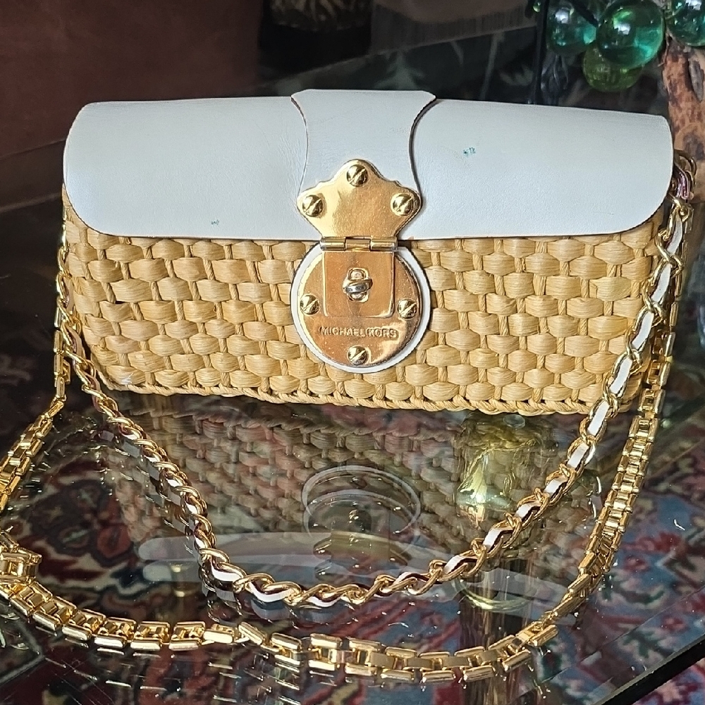 Michael Kors Tan and White Crossbody Bag with Gold Accents